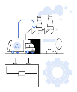 Fabrikadaki kaynakları boşaltan geri dönüşüm kamyonu duman yığınları, dişli sembolü, evrak çantası, ağaç ve oklarla dolu. Sürdürülebilirlik, endüstri, geri dönüşüm, eko-iş çevre yönetimi için ideal