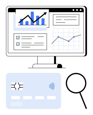 Masaüstü monitörü, büyüteç ve dijital kartla eşleştirilmiş grafikler, görevler ve analizleri görüntülüyor. Analiz, finans, teknoloji, iş stratejileri, ödeme sistemleri verileri için ideal