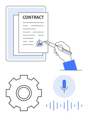 Hand signing a contract with pen, gear for automation, microphone representing voice input, and sound waves. Ideal for legal-tech, automation, voice commands, remote signing, contracts technology clipart