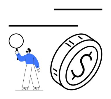 İş adamı büyük bir madeni parayı büyüteçle inceliyor. Finans, yatırım, ekonomi, kar analizi, strateji, para yönetimi ve araştırma için idealdir. Soyut çizgi düz metafor