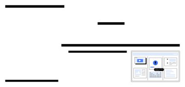 Küçük resimli veri paneli, çubuk grafiği, pasta grafiği ve analitik görselleştirmeleri. İş, analitik, teknoloji, verimlilik, sunumlar için idealdir. Dijital araçlar soyut çizgi düz metaforu