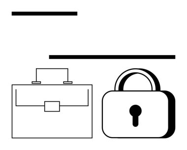 Asgari siyah beyaz çanta ve asma kilit iş güvenliğini, mahremiyeti ve korumayı simgeliyor. Siber güvenlik, veri koruması, hukuk firmaları, iş güvencesi, gizlilik, sözleşmeler için ideal