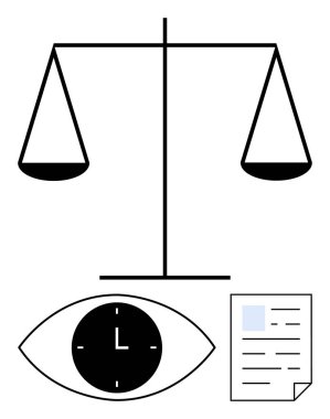 Balance scale, clock in eye symbol, and document reflect justice, responsibility, ethics, time management, legal review, accountability and decision-making. Ideal for law ethics fairness time clipart