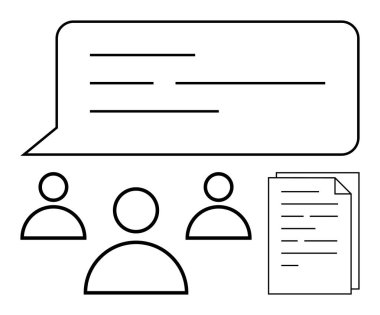 Konuşma balonunun altında üç soyut insan figürü metin satırları ve iletişim, takım çalışması ve işbirliğini vurgulayan bir yığın belge var. Eğitim, iş ve liderlik için ideal