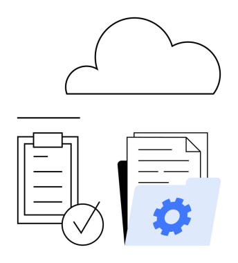 Kontrol işaretli, klasör tutan dosyaları ve teçhizatı olan kontrol listesinin üstündeki simge. Bulut depolama, veri yönetimi, görev organizasyonu, üretkenlik, belge paylaşımı, iş akışı soyut çizgi için ideal