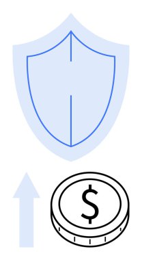 Korunmayı simgeleyen kalkan, para işaretli para, büyümeyi gösteren yukarı doğru ok. Finans, yatırım, sigorta, servet, tasarruf, istikrar soyut düz çizgi metaforu için ideal
