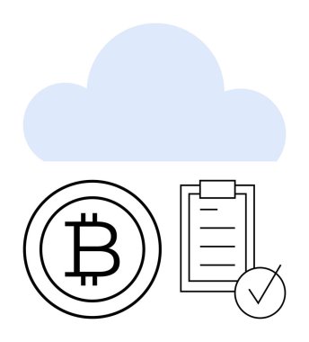 Bitcoin ikonu üzerinde mavi bulut, kontrol listesi ve kenesi olan pano. Fintech, bulut depolama, kripto para birimi, dijital cüzdanlar, engelleme zinciri, güvenlik organizasyonu için ideal. Soyut satır düzlüğü