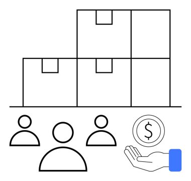Yığılmış kutular, üç kişilik ikonlar, bozuk parayla el. Lojistik, e-ticaret, finans, takım çalışması, envanter teslimatı için ideal. Asgari tasarım soyut çizgi düz metaforu