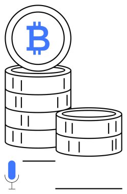 Şifreli para sembolü ve bitişik mikrofon yüklü bitcoinler dijital para birimini, engelleme zincirini ve ses girdisini akla getiriyor. Finans, podcast, engelleme zinciri, kripto para birimi, dijital ödeme için ideal