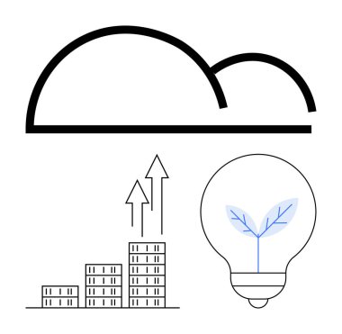 Çubuk grafiğinin üzerinde yükselen oklar ve büyüyen bir bitki içeren ampullü bir bulut simgesi. Teknoloji, sürdürülebilirlik, yenilik, büyüme, iş analizleri, çevre dostu fikirler, soyut çizgi