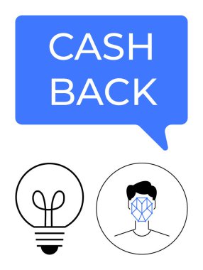 Cashback speech bubble above light bulb as idea symbol and facial recognition icon for technology. Ideal for finance, tech, shopping, innovation, rewards, mobile apps, abstract line flat metaphor clipart