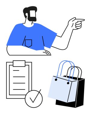 Yan tarafı gösteren adam, işaretli listeli pano ve alışveriş torbaları. Perakende satış, e-ticaret, planlama, organizasyon, alışveriş verimliliği karar verme süreci için ideal. Soyut satır düzlüğü