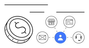 Dolar parası, mavi çemberdeki kullanıcı avatarı depolama, e-posta, ağ, v11 site ve kulaklık simgelerine bağlı. Finansal planlama, müşteri ilişkileri, çok kanallı pazarlama, e-ticaret çevrimiçi hizmetler için ideal