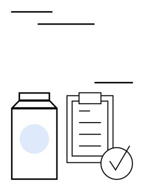 Bir pano kontrol listesinin yanında süt kutusu ve minimal biçimdeki onay işareti simgesi. Ürün incelemesi, ambalaj onayı, kalite kontrolü, uyum, gıda güvenliği, görev yönetimi, soyut çizgi