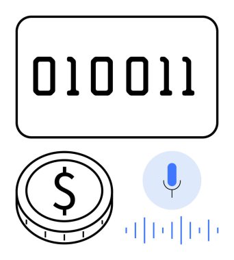 Çerçevedeki iki haneli rakamlar, dolar sembollü dijital para birimi ve ses dalgaları, yapay zeka, fintech, dijital iletişim ve otomasyon kavramlarını vurguluyor. Finans için ideal, Al.