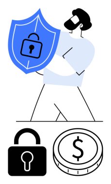 Kalkanı kilit sembollü tutan adam dolar işaretli para, altında asma kilit olan adam. Siber güvenlik, çevrimiçi güvenlik, finansal koruma, şifreleme, gizlilik, fintech soyut metafor