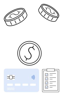 Bozuk paralar, dolar işareti, bağlantısız logo kartı ve ödeme yöntemleri, bütçe ve ticaret öneren kontrol listesi. Finansal uygulamalar, bankacılık, dijital ödemeleri bütçelemek için ideal