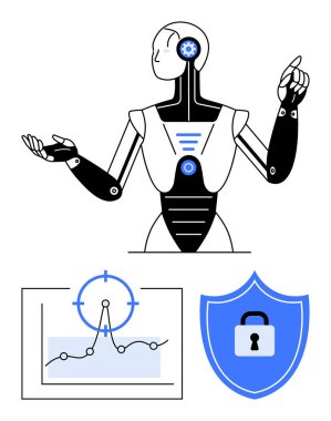 Mekanik kol hareketi yapan yapay zeka robotu, büyüteçle trendleri gösteren veri tabanı ve kilit simgesi olan güvenlik kalkanı. Yapay zeka, veri analizi, siber güvenlik, robot bilimi, otomasyon, yenilik için ideal