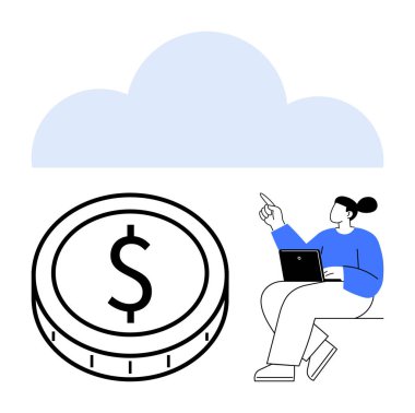 Dizüstü bilgisayarlı bir kadın, büyük bir madeni paranın üzerindeki bulutu işaret ediyor. Finans, bulut depolama, dijital bankacılık, tasarruflar, fintech, çevrimiçi kazançlar, soyut düz metafor için ideal