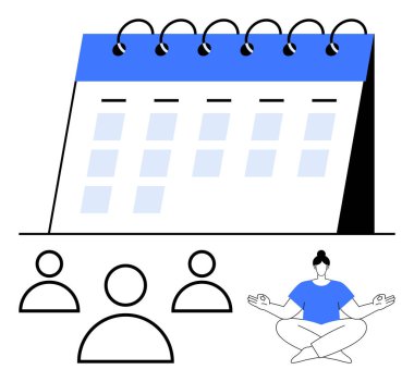 Desk calendar, three user icons, and meditating person. Ideal for teamwork, planning, mindfulness, scheduling, productivity wellness balance. Abstract line flat metaphor clipart