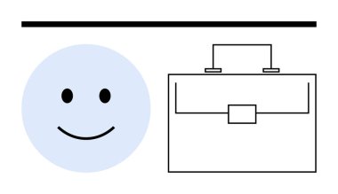 Açık mavi gülen yüz, yatay çizginin altında basit bir evrak çantası tasarımına bitişik. Kariyer, mutluluk, denge, pozitiflik, basitlik, işyeri, motivasyon için idealdir. Soyut çizgi düz metafor