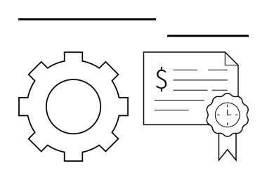 Bir dolar işareti ve saatli kurdele içeren bir belgenin yanında vites simgesi. İş süreci, sertifika, mali başarı, zaman yönetimi, verimlilik, başarı, üretkenlik için ideal