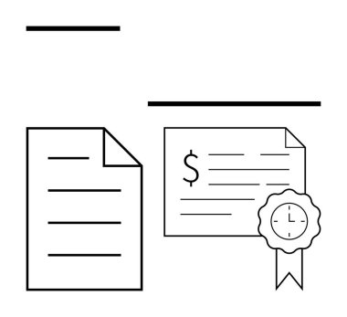 Ofis belgesi ve dolar işareti ve saat süslemeli kurdeleli mali sertifika. Finans kavramları, iş süreçleri, sertifikalar, ödeme doğrulaması, başarılar, belgeler için ideal