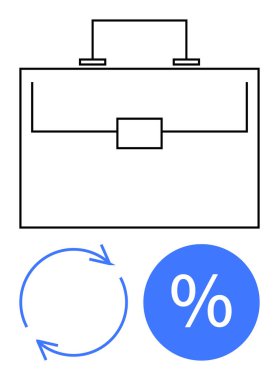 Yuvarlak okun üzerinde sapı ve yüzde işareti olan evrak çantası. İş, finans, yatırım, ticaret, şirket anlaşmaları, girişimcilik, ekonomik döngüler için idealdir. Soyut çizgi düz metafor