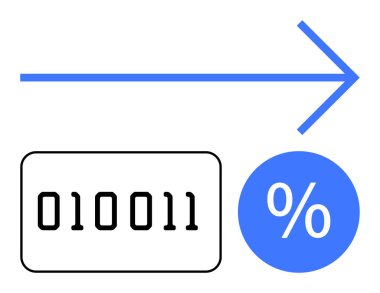 Ok, veri işleme ve eğilimleri gösteren ikili kod ve yüzde simgesine doğru yöneliyor. Dijital analitik, istatistik, programlama, büyüme, yenilik ve teknoloji için ideal
