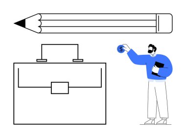 Elinde defter ve para tutan iş adamı, büyük boy kalem ve planlama, eğitim, yaratıcılık, yenilik, finans, üretkenlik ve iş büyümesini sembolize eden evrak çantası. Kariyer hedefleri için ideal