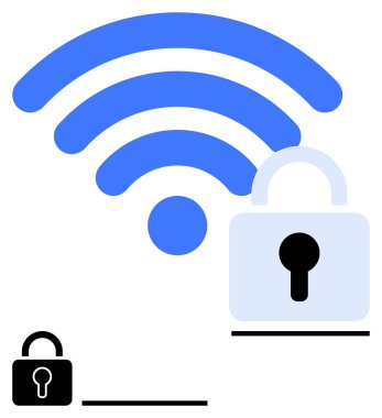 Kablosuz sinyal simgesi ve asma kilit internet güvenliği, gizlilik koruması ve veri şifrelemesini sembolize ediyor. Siber güvenlik, VPN 'ler, güvenli tarama, gizlilik, teknoloji, ağlar için ideal