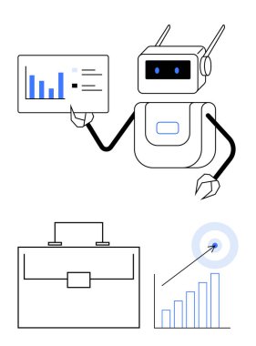 Robot, bir evrak çantası ve hedefli bir büyüme grafiği ile birlikte veri tablosunu gösteriyor. Teknolojik çözümler, yapay zeka yeniliği, veri analizi, iş stratejisi, gelecekteki kavramlar, robotik eğitim için ideal