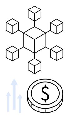 Connected cubes forming a blockchain network, dollar coin, upward arrows denoting financial growth. Ideal for blockchain, cryptocurrency, fintech, investments, decentralization, economy abstract clipart