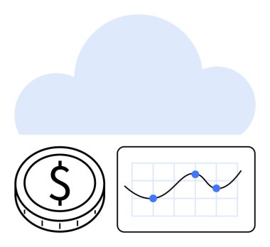 Bozuk para sembollü bulut grafiği ve veri tablosu trendleri ve kavrayışları gösteriyor. Teknoloji, iş dünyası, finans, yatırım, veri analizi, bulut hesaplaması ve yenilik için ideal. Soyut satır düzlüğü