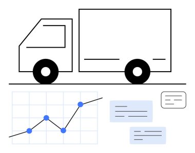 Yükselen grafik ve metin bloklarının yanında kamyon ana hatları. İkmal zinciri, lojistik, dağıtım analitiği, ulaşım, e-ticaret, iş büyümesi, soyut düz metafor için ideal