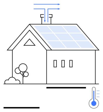 Güneş panelli ev, hava akışı okları, termometre ısı düzenlemesini ve çevresindeki minimalist elementleri temsil ediyor. Yenilenebilir enerji, çevre dostu yaşam, sürdürülebilirlik, yeşil