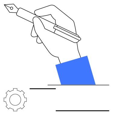 Dolma kalem tutan, vites simgesiyle çizgiler yazan. Yaratıcılık, eğitim, yenilik, organizasyon, üretkenlik, tasarım düşünme, soyut çizgi düz metafor için ideal