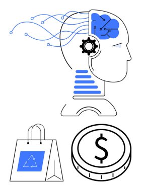 Yapay zeka beyni ve ekipmanı olan insan profili, geri dönüşüm gösteren alışveriş torbası ve dolar parası. AI, e-ticaret, sürdürülebilirlik, yenilik, finans, tüketici eğilimleri için ideal soyut çizgi düz metaforu