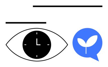 Saatli mor göz, filizlenen yapraklı mavi sohbet balonu. Zaman yönetimi, sürdürülebilirlik, iletişim, büyüme, farkındalık, üretkenlik ve soyut düz çizgi metaforu için ideal