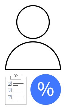 Kontrol işaretli ve mavi yüzde sembollü bir kontrol listesinin üstündeki kullanıcı profili ana hatları. Üretkenlik, proje yönetimi, performans, görevler, verimlilik, organizasyon temaları için idealdir. Soyut çizgi