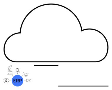 ERP mavi simgesi ve finans, analitik, tedarik zinciri ve e-postayı temsil eden mini simgelerle bulut ana hatları. İş otomasyonu, bulut çözümleri, ERP sistemleri, şirket araçları, iş akışı için ideal