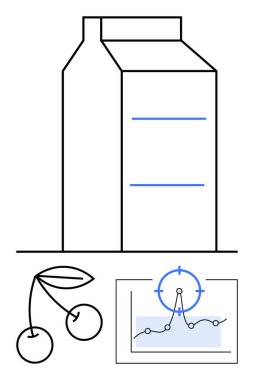 Kirazların yanında süt kutusu ve besin, hassasiyet ve verileri karıştıran analitik performans tablosu. Gıda ambalajı, sağlık takibi, pazar analizi, diyet planlaması, verimlilik, hedef