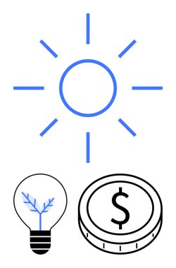 Güneş, güneş enerjisini temsil ediyor. Elektrik ampulü, sürdürülebilirliği sembolize ediyor. Para, finansmanı gösteriyor. Yeşil enerji, yenilik, eko-finansman, sürdürülebilirlik ve çevre stratejisi için ideal