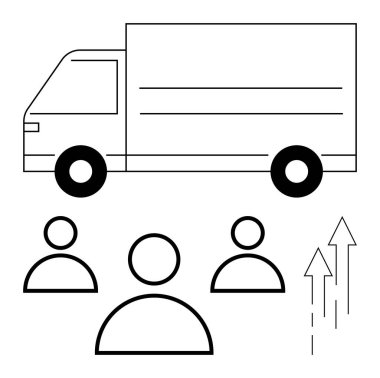 Takım çalışmasını, büyümeyi, lojistiği, nakliyeyi, ilerlemeyi, yeniliği ve müşteri memnuniyetini sembolize eden üç kişilik simge ve yukarı doğru oklarla servis kamyonu grafiği. Ulaşım için ideal, başarı