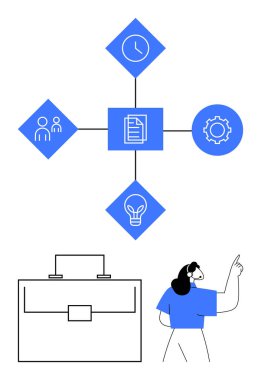 Zaman, işbirliği, yenilik ve yönetimi sembolize eden saat, çark, insanlar ve ampul simgeleriyle belge merkezli süreç akışı. Strateji ve iş akışı takım çalışması planlamak için ideal