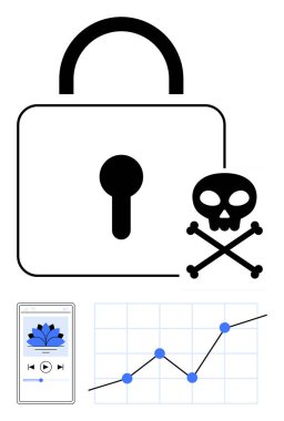 Padlock and skull icon highlight cybersecurity threats. Graph and media icons suggest data impact and risks. Ideal for cyber awareness, digital security, analytics, malware, data breaches, tech clipart