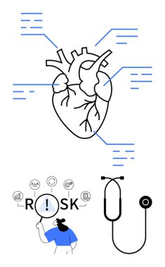 Veri çizgileri olan anatomik kalp çizimi, büyüteç büyütme riski, yakınlarda steteskop. Sağlık, kardiyoloji, teşhis, önleme, tıbbi riskler, soyut çizgi için ideal