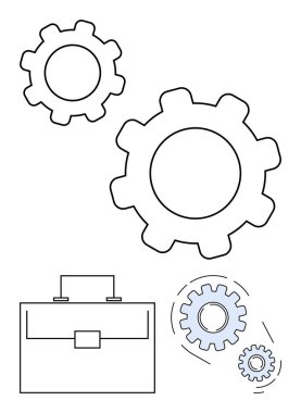 Ekipmanlar takım çalışmasını, operasyonları, iş stratejisini ve sistem yönetimini sembolize ediyor. İş akışı, iş planlaması, endüstri, işbirliği, sorun çözme için ideal