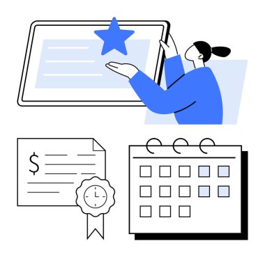 Dijital ekranda bir yıldız, kurdeleli bir sertifika ve işaretli tarihli bir takvim seçen kişi. Çevrimiçi kurslar, sertifika, eğitim, programlama, başarılar, ödüller için ideal