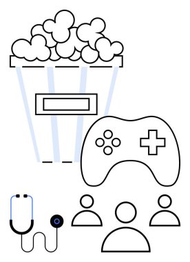 Patlamış mısır torbası, oyun kumandası, steteskop ve insanlar eğlence, oyun, sağlık, takım çalışması, eğlence grubu aktivitelerinin rahatlığını sembolize ediyor. Etkinlikler için ideal teknik işbirliği